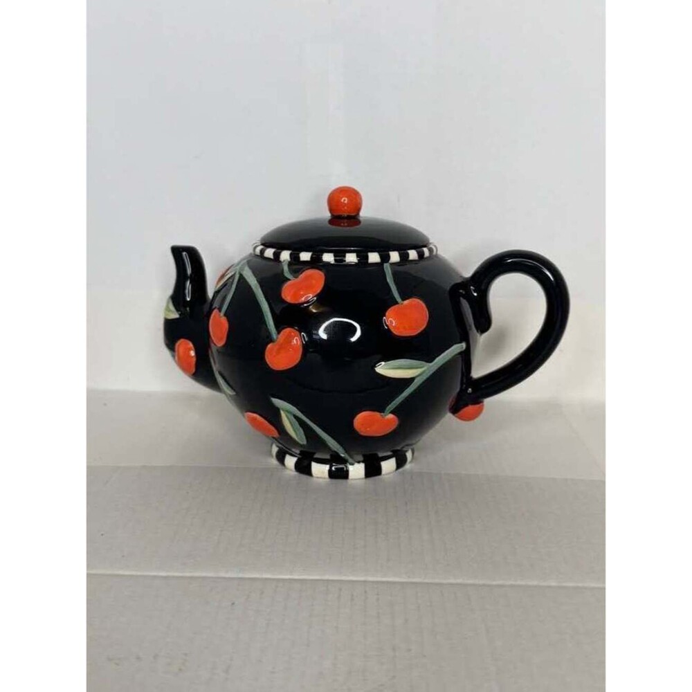 Certified International Susan Winget Cherry Black and White Teapot